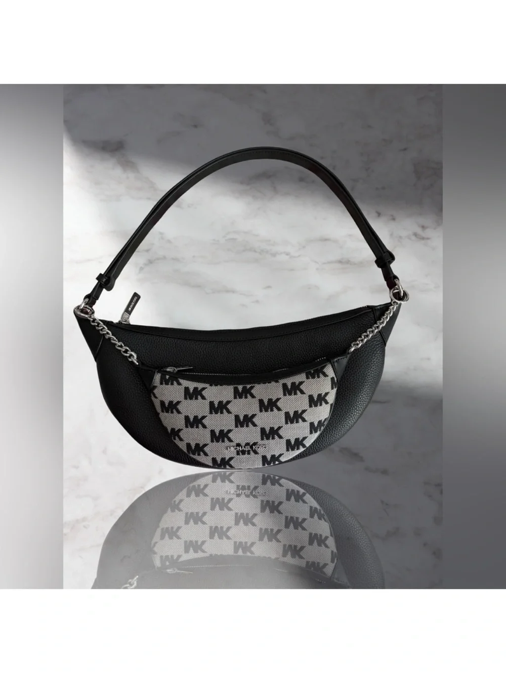 Michael Kors Black and White MK Monogram Crescent Shoulder Bag